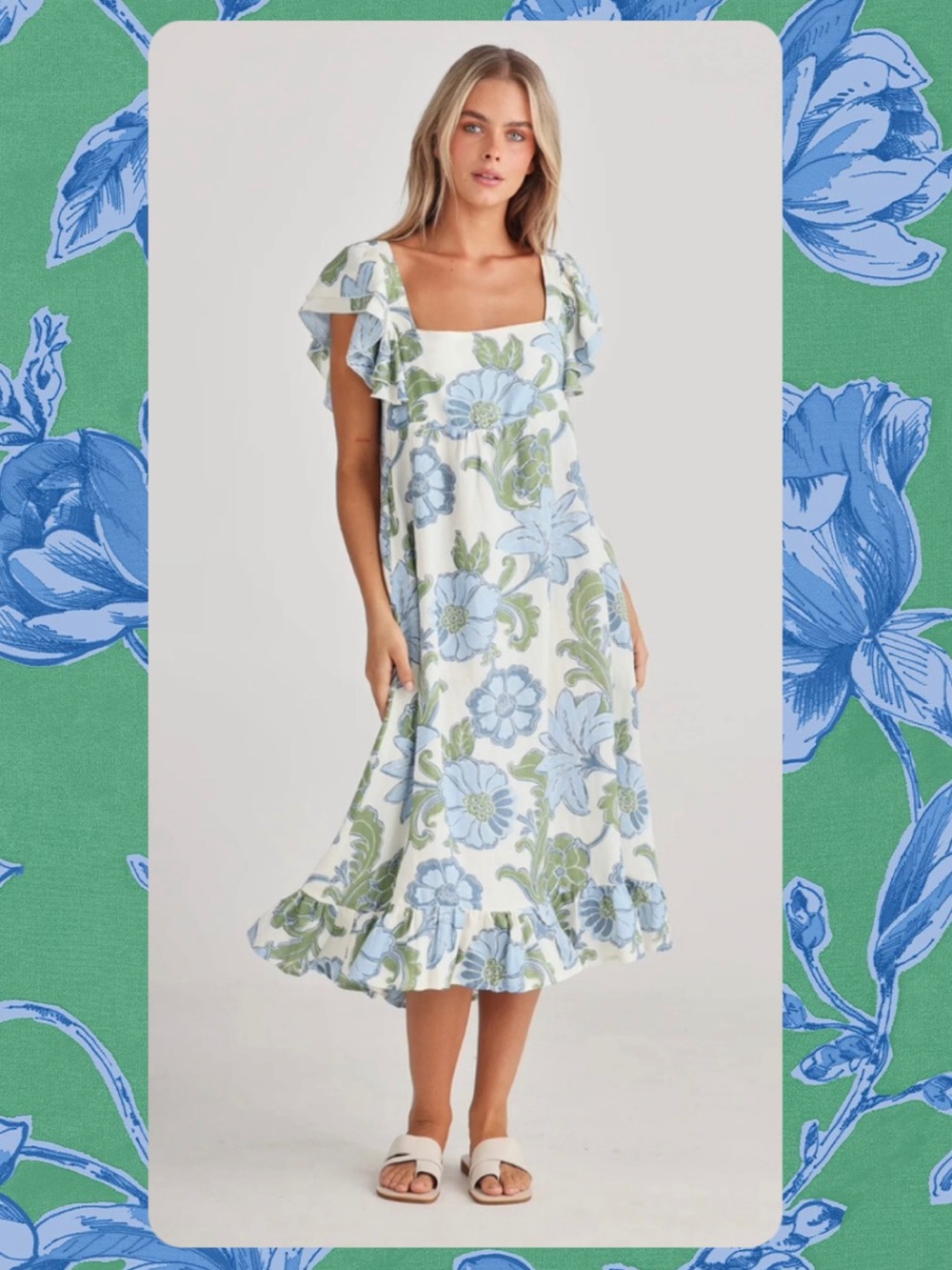 Talisman Ruffle-Trim Floral Midi Dress in Blue, Green, and Cream small NWT